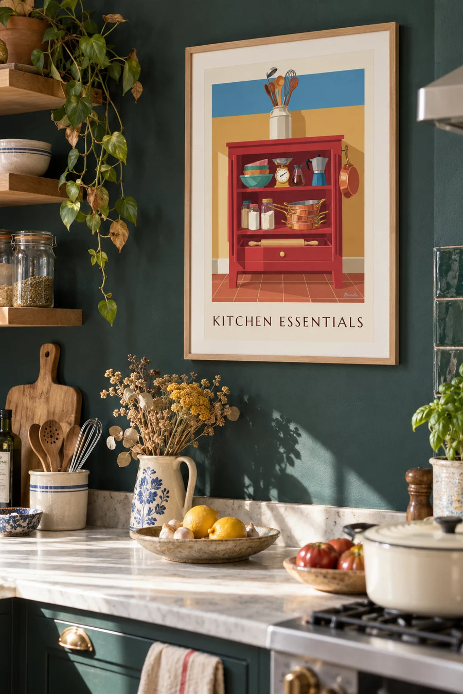 Affiche buffet de cuisine rouge et ses ustensiles en cuivre : encadrée au mur
