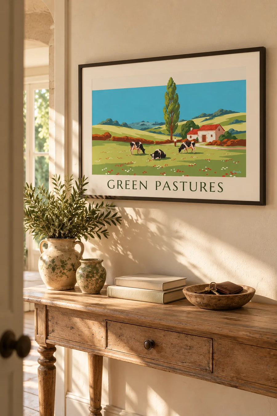 Affiche vaches en liberté dans la campagne vallonnée : encadrée au mur