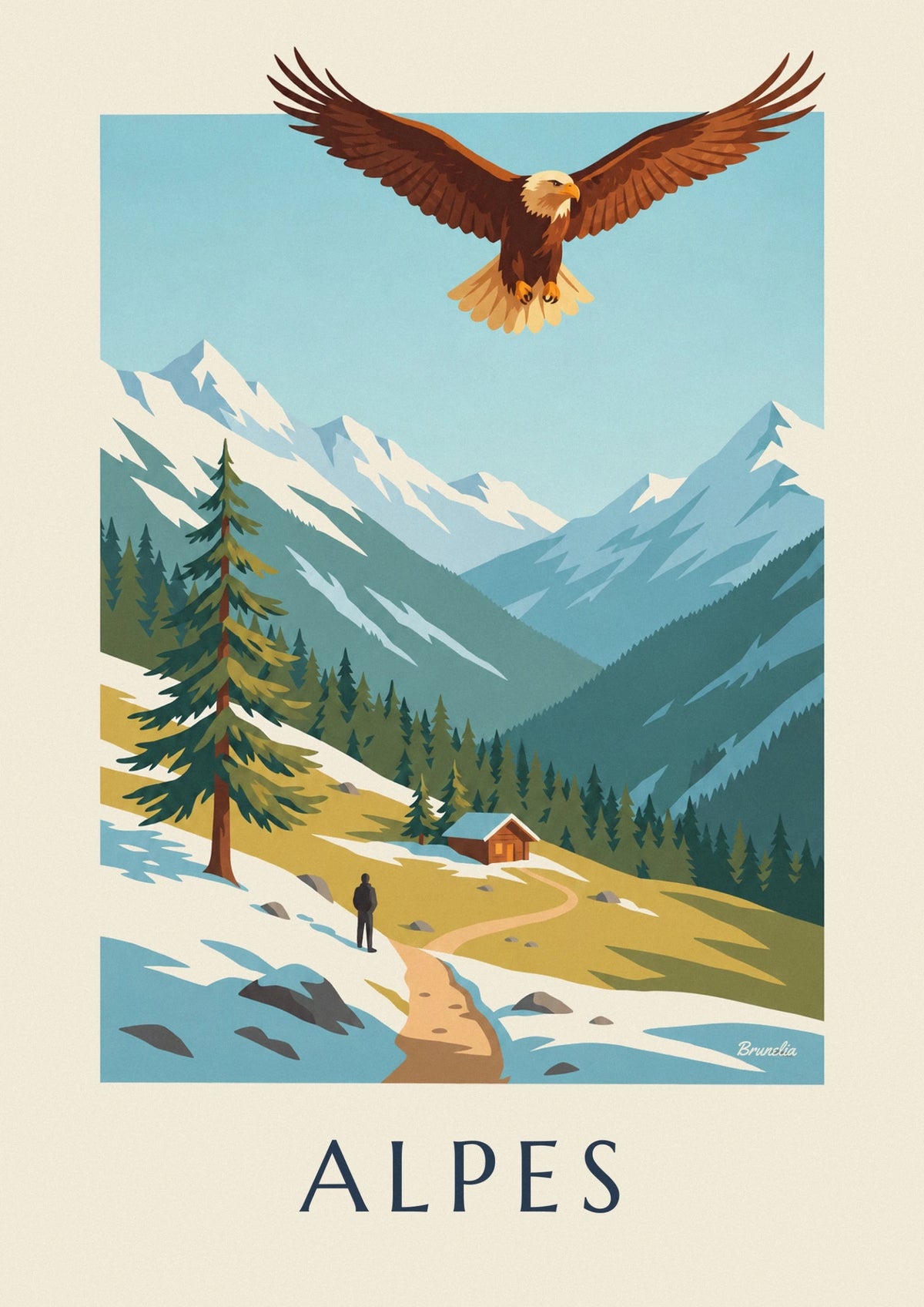 Affiche aigle royal au-dessus d'une vallée des Alpes : l'affiche entière