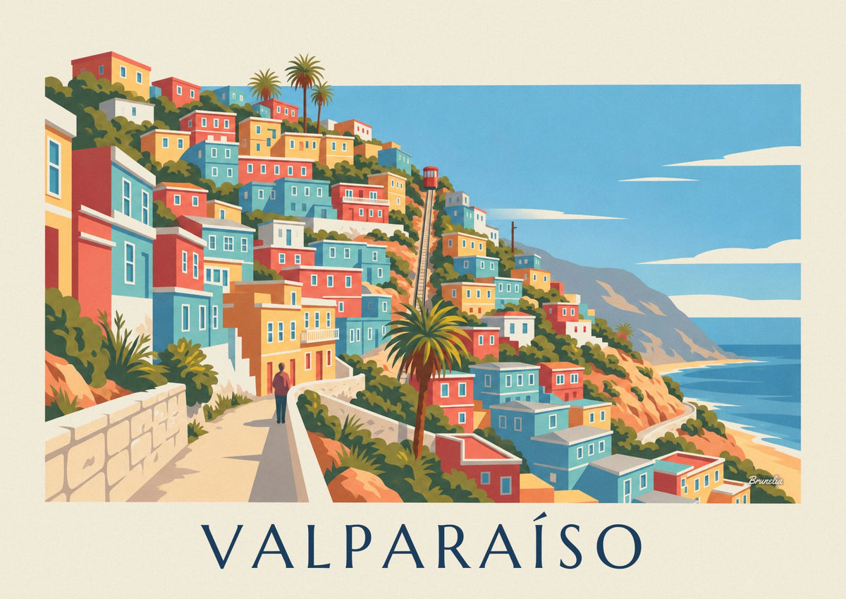 Affiche Valparaíso maisons colorées et funiculaire