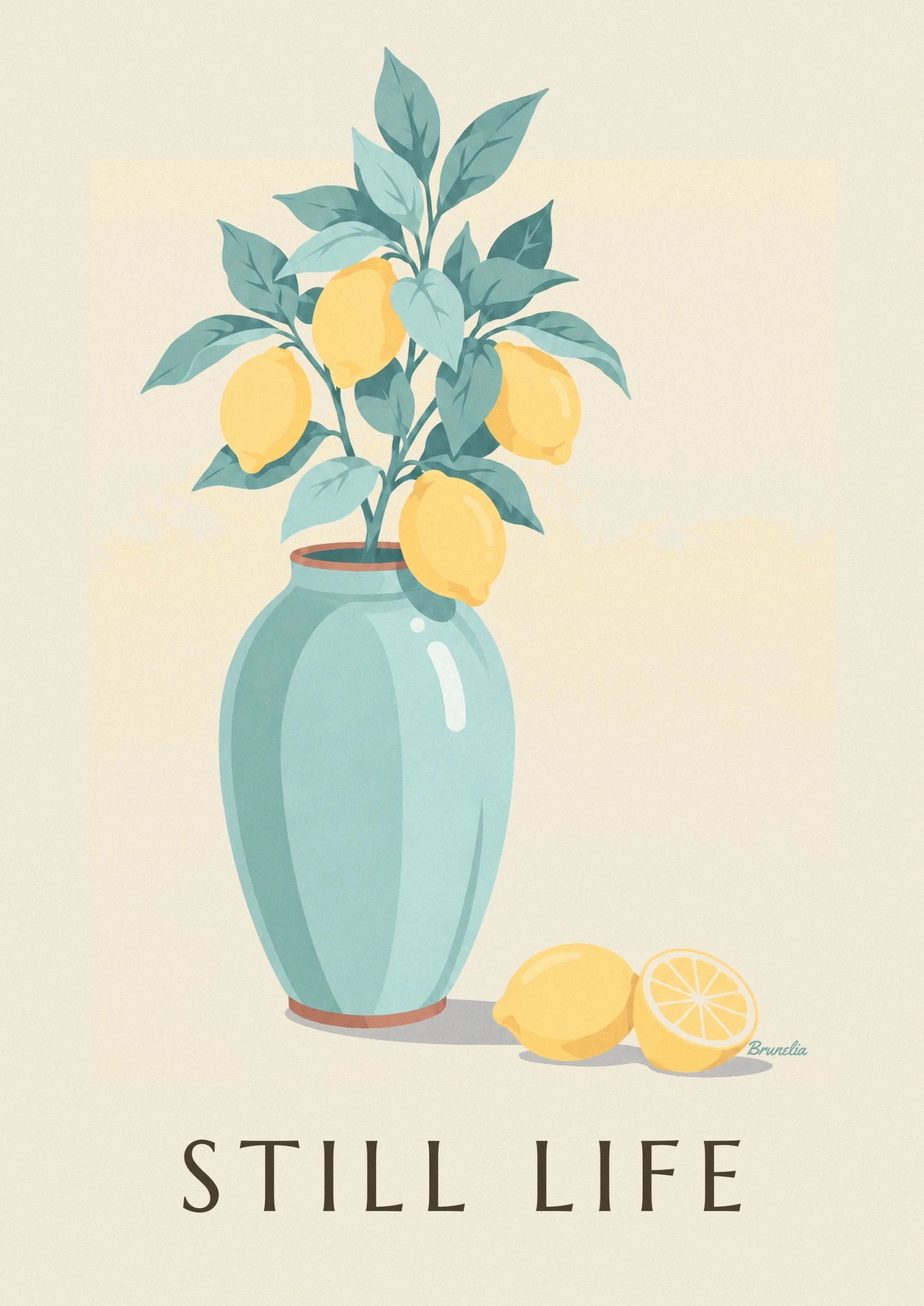 A branch with 4 yellow lemons and green leaves in a ceramic vase