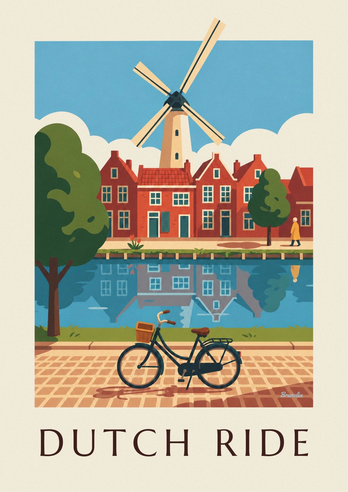 Affiche vélo hollandais et maisons aux toits rouges