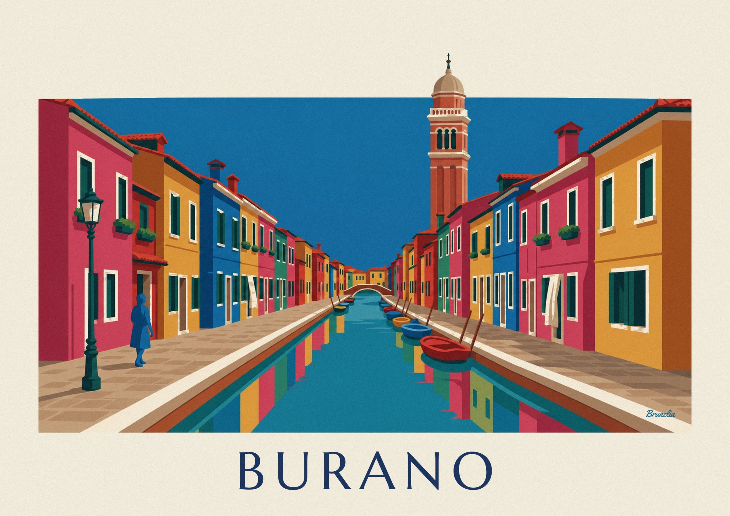 The brick and cream bell tower behind the colourful houses of Burano
