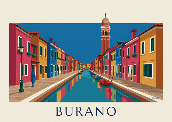 Póster do canal e das casas coloridas de Burano, com campanário inclinado