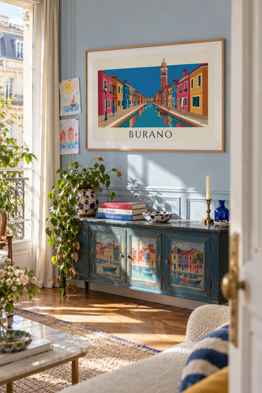 Affiche canal et maisons colorées de Burano, campanile penché : encadrée au mur