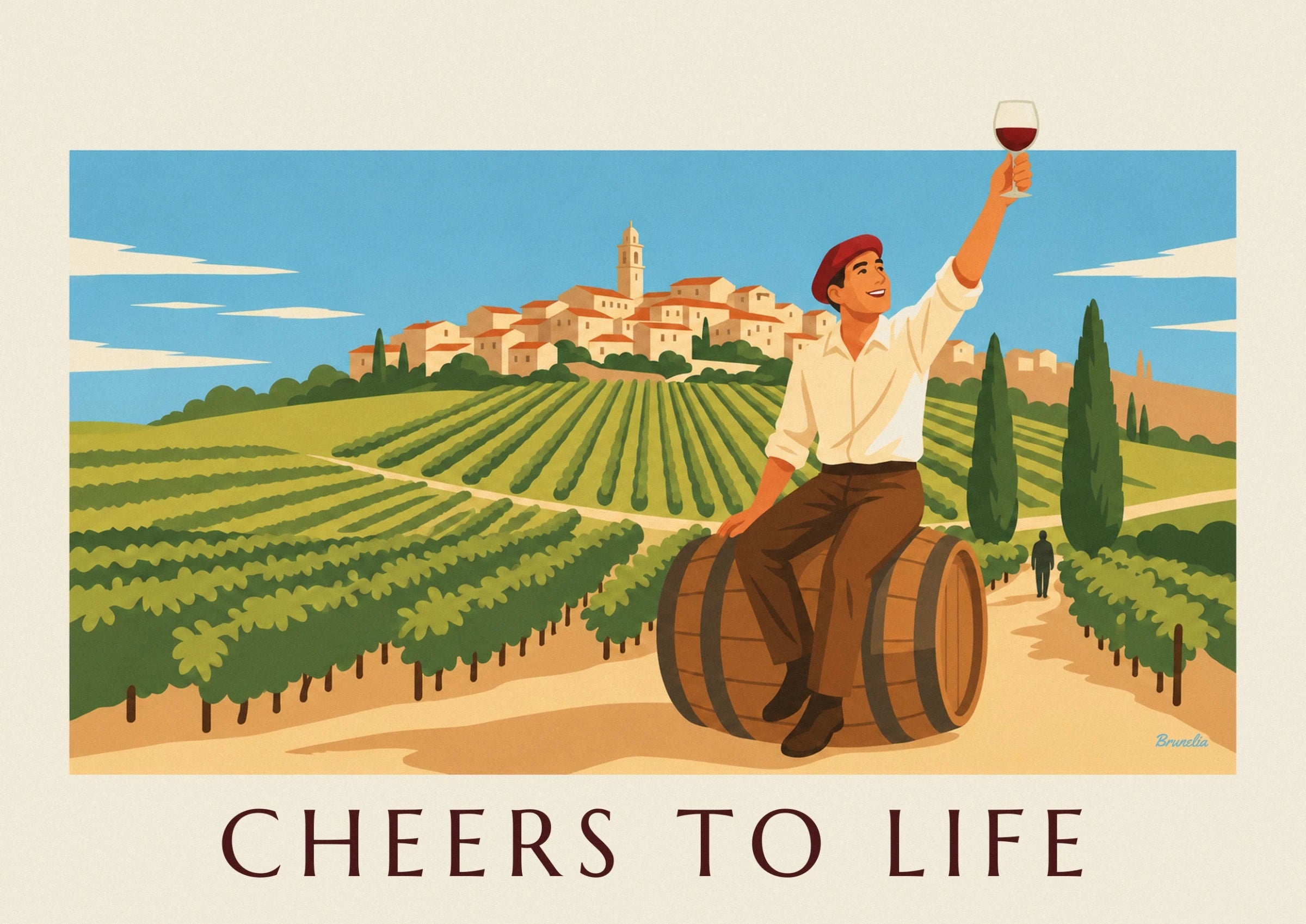 The man in a red beret sitting on a barrel, in front of the rows of vines