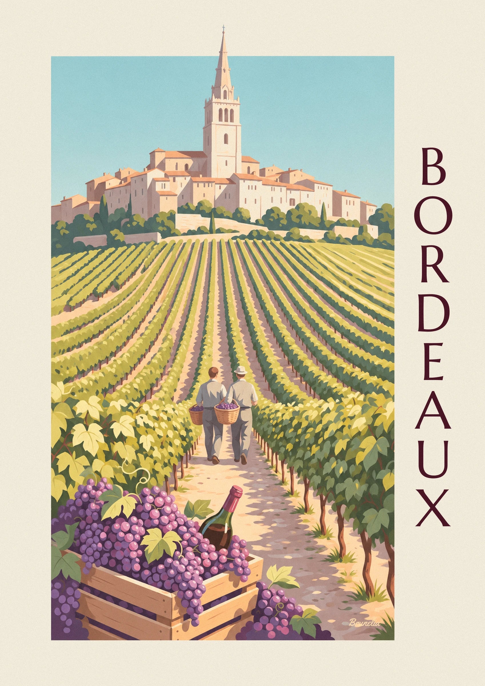 The bell tower of Saint-Émilion above the orange rooftops and rows of vines