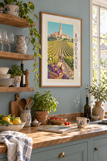 Affiche vendanges à Saint-Émilion, caisse de raisin et vignes dorées : encadrée au mur