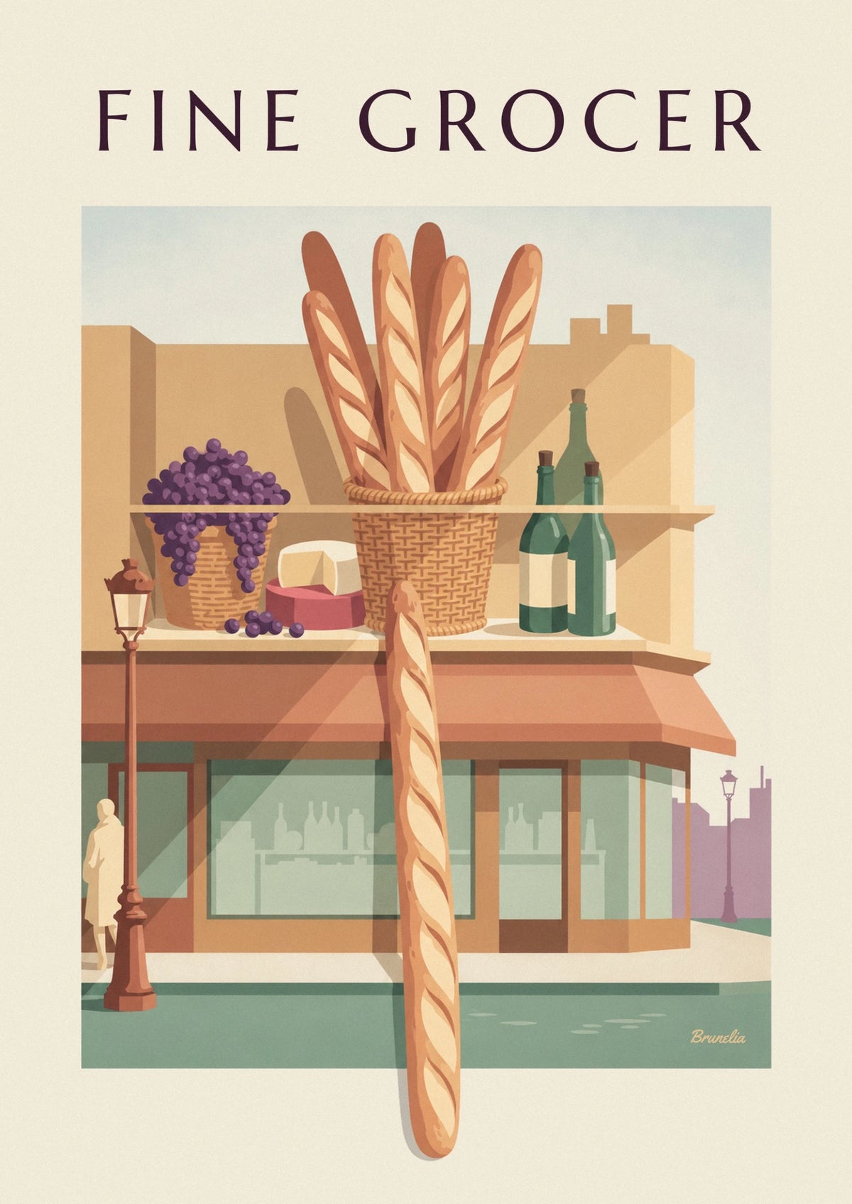 Affiche épicerie fine avec raisins, baguettes, fromages et vins