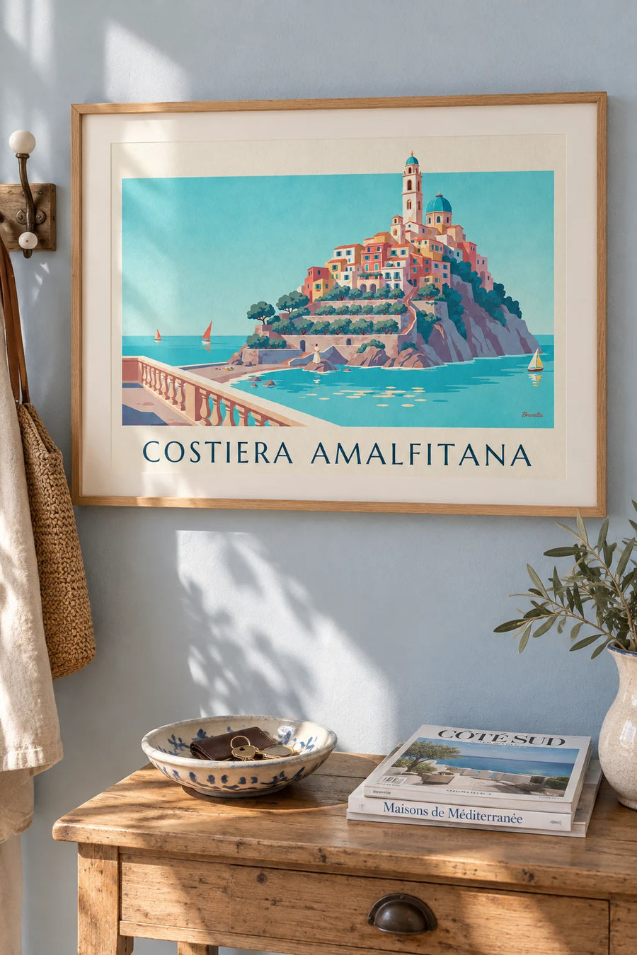 Affiche côte amalfitaine, maisons colorées et baie turquoise : encadrée au mur
