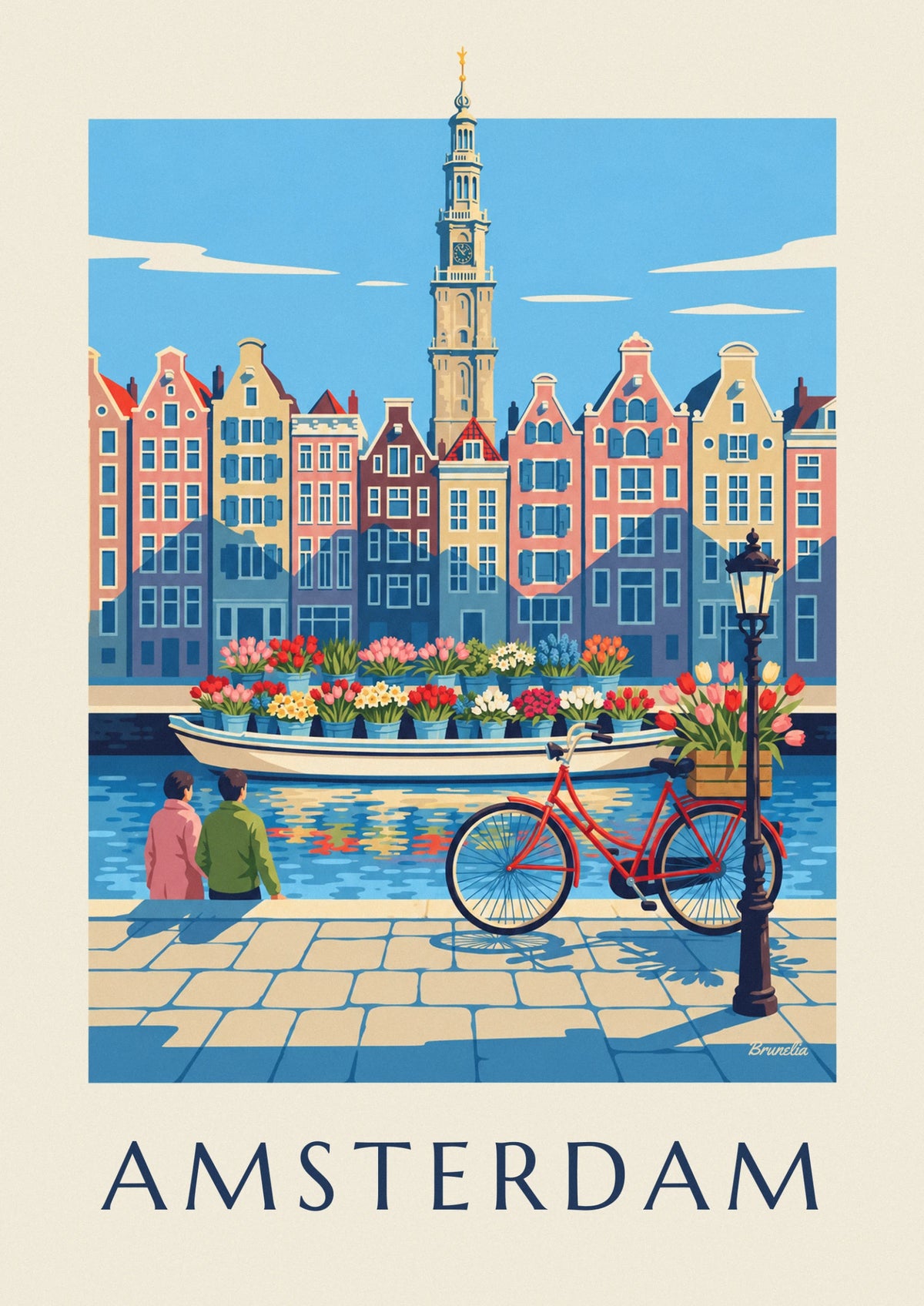 Affiche vélo et tulipes au marché aux fleurs d'Amsterdam