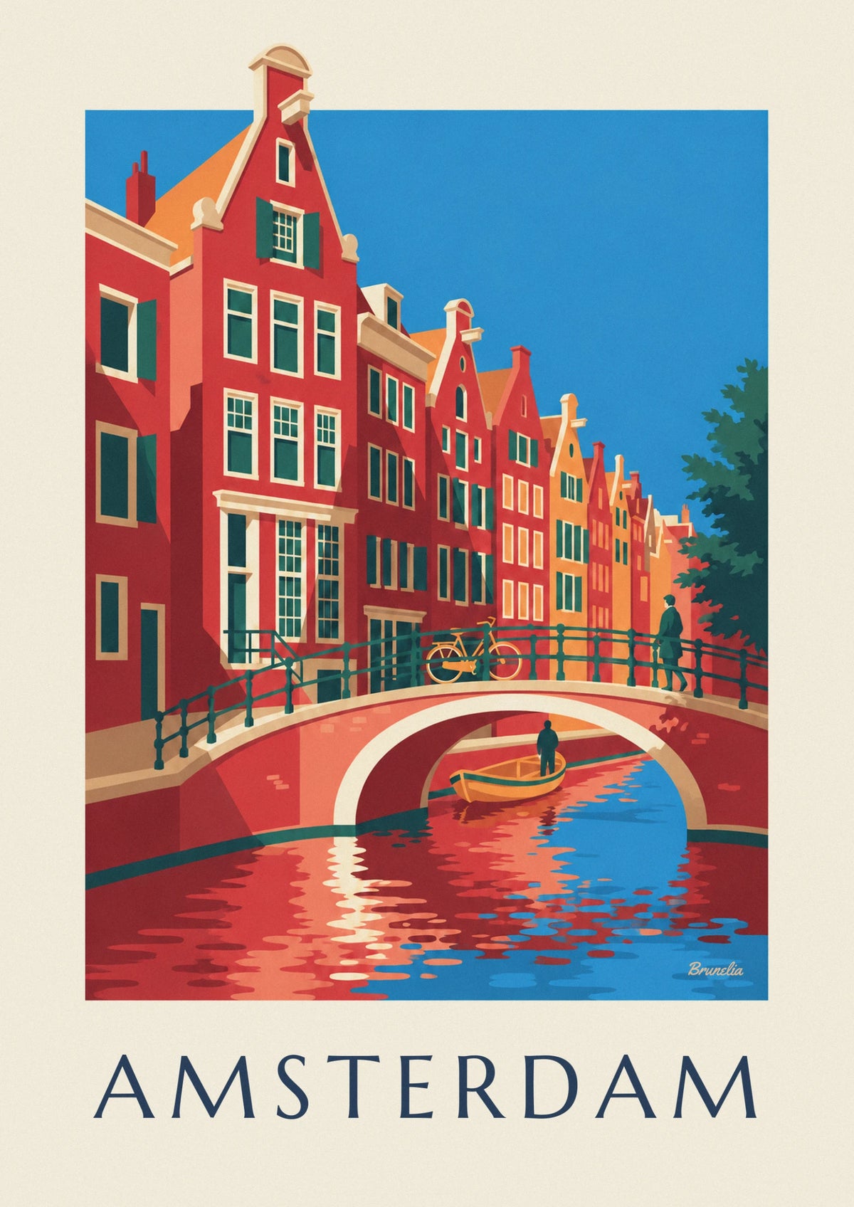 Affiche maisons à pignons et vélo sur un pont d'Amsterdam