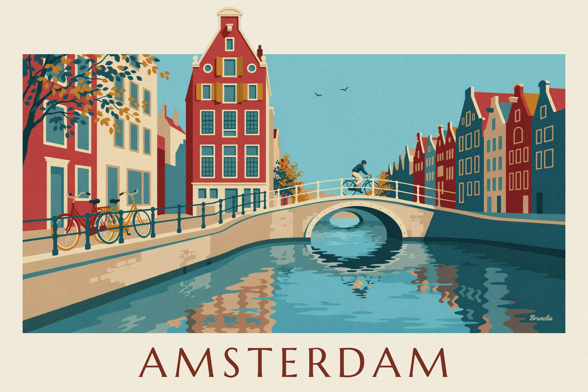 Affiche pont sur un canal d'Amsterdam et maisons à pignons colorées