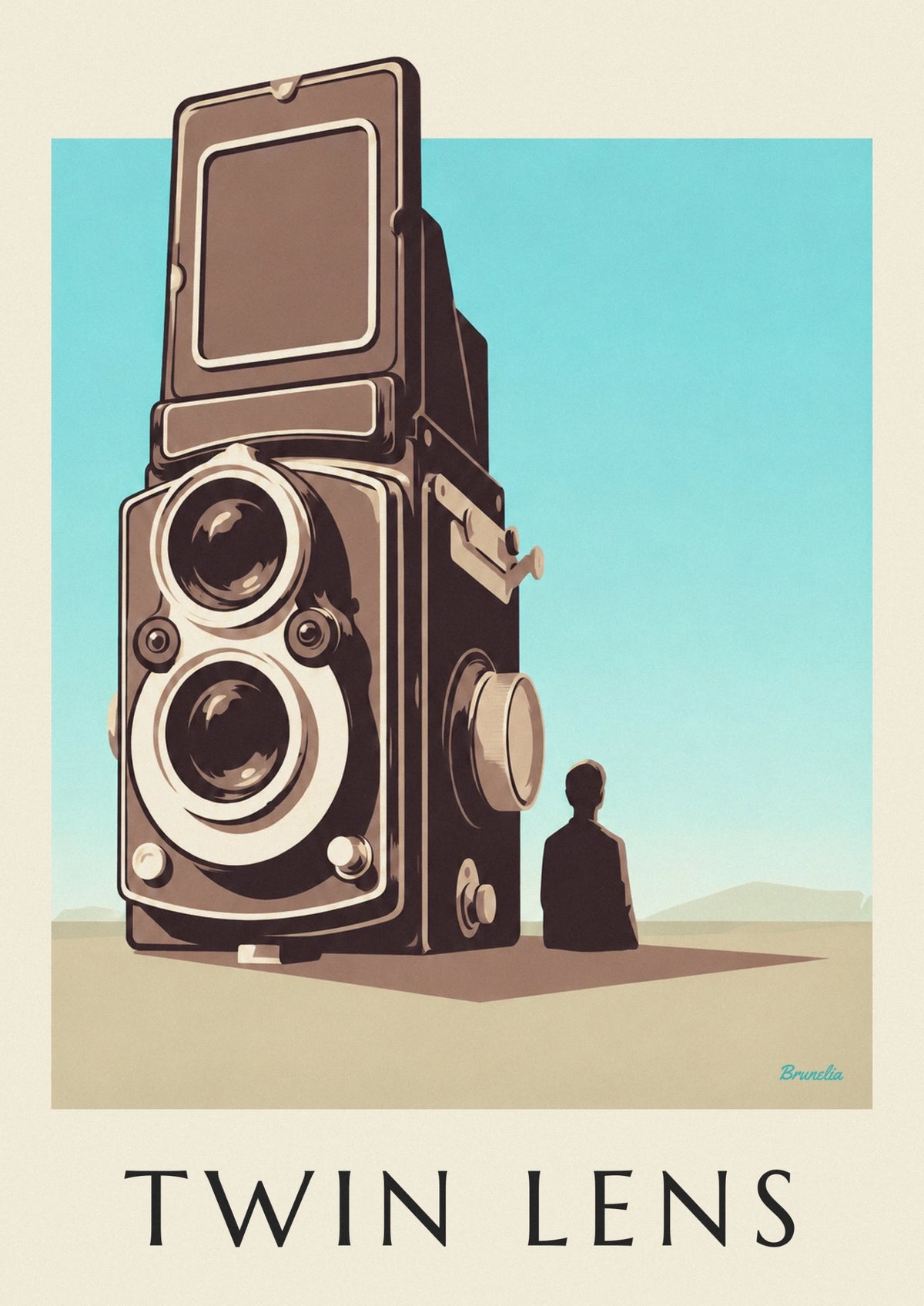 Affiche appareil photo bi-objectif géant sous un ciel turquoise