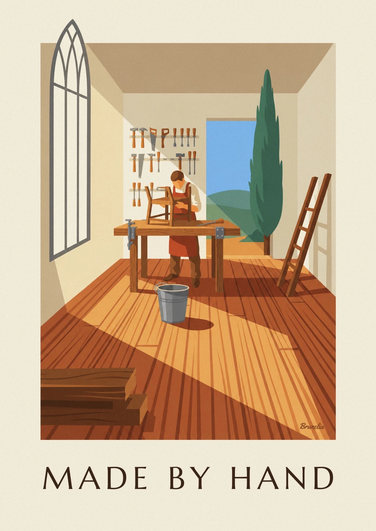 Affiche atelier d'artisan avec établi, seau et outils