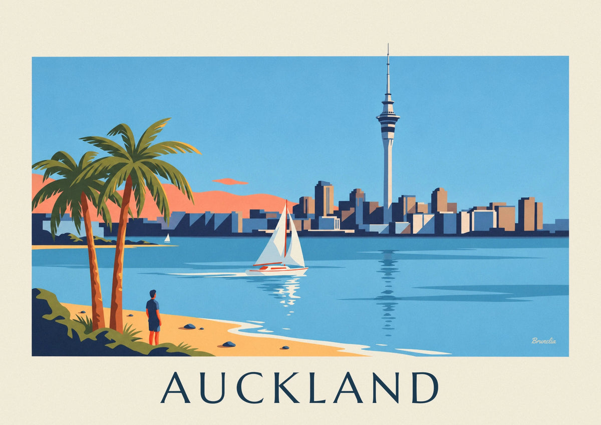 Affiche voilier dans le port d’Auckland et Sky Tower
