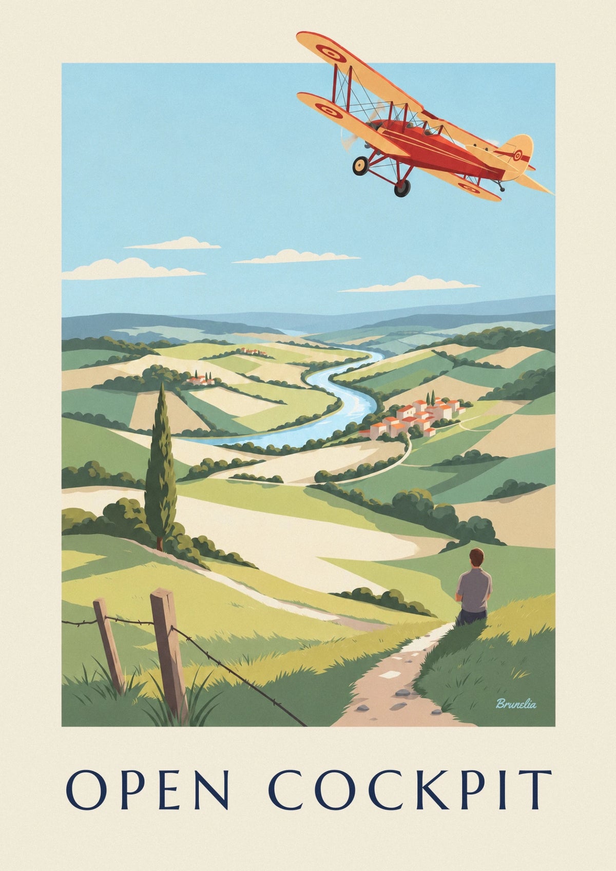 Affiche avion biplan en plein vol au-dessus de la campagne