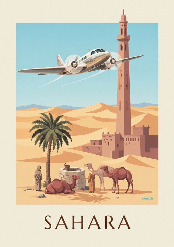 Affiche avion trimoteur survolant une oasis et les dunes du Sahara
