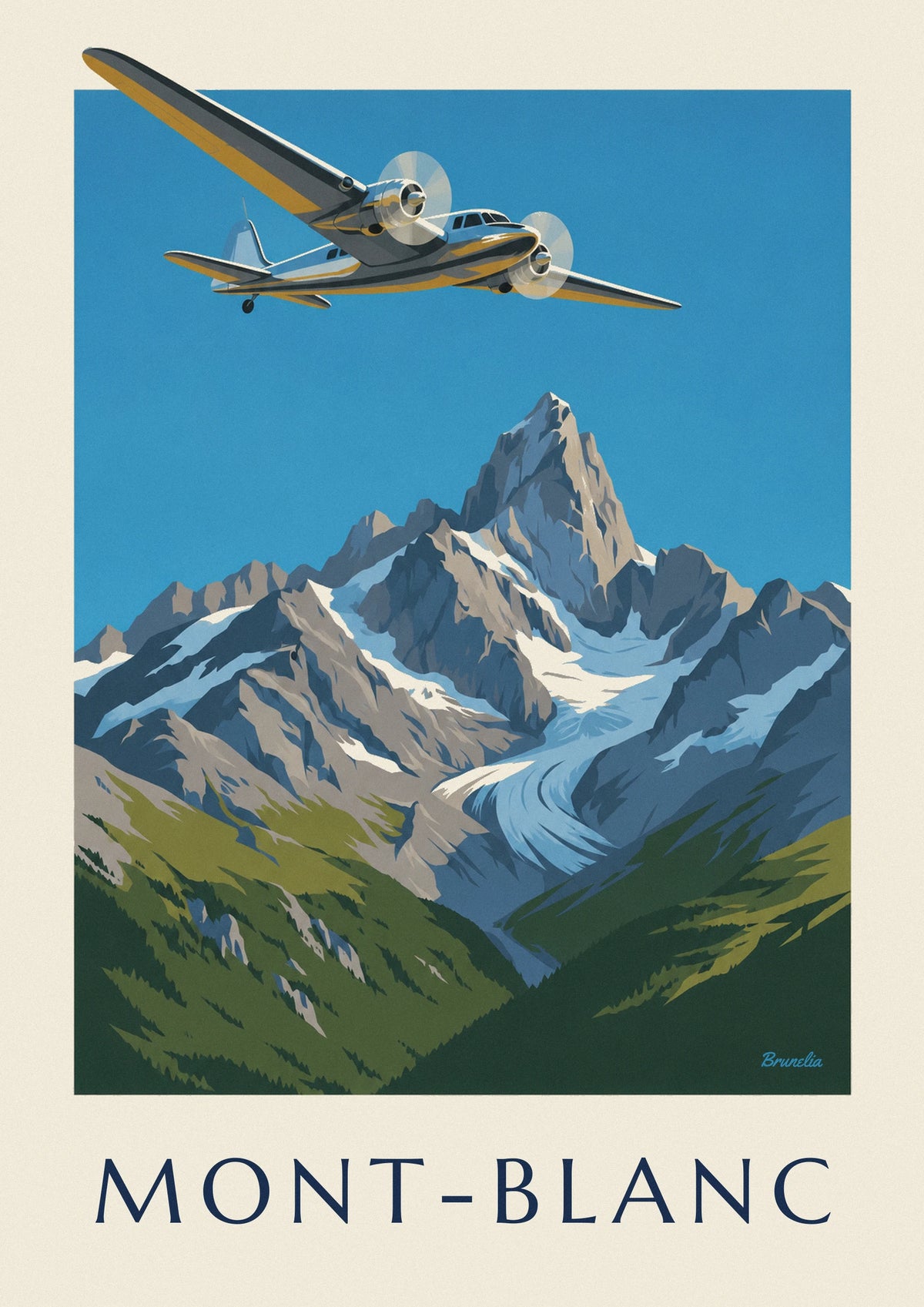 Affiche avion bimoteur survolant le glacier du massif du Mont-Blanc