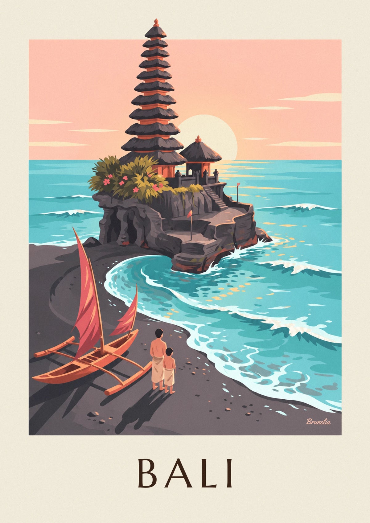 Affiche temple de Tanah Lot et pirogue à balancier à Bali