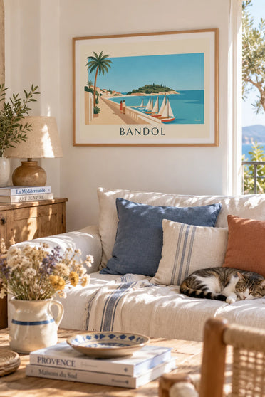 Affiche île de Bendor face au port de Bandol : encadrée au mur