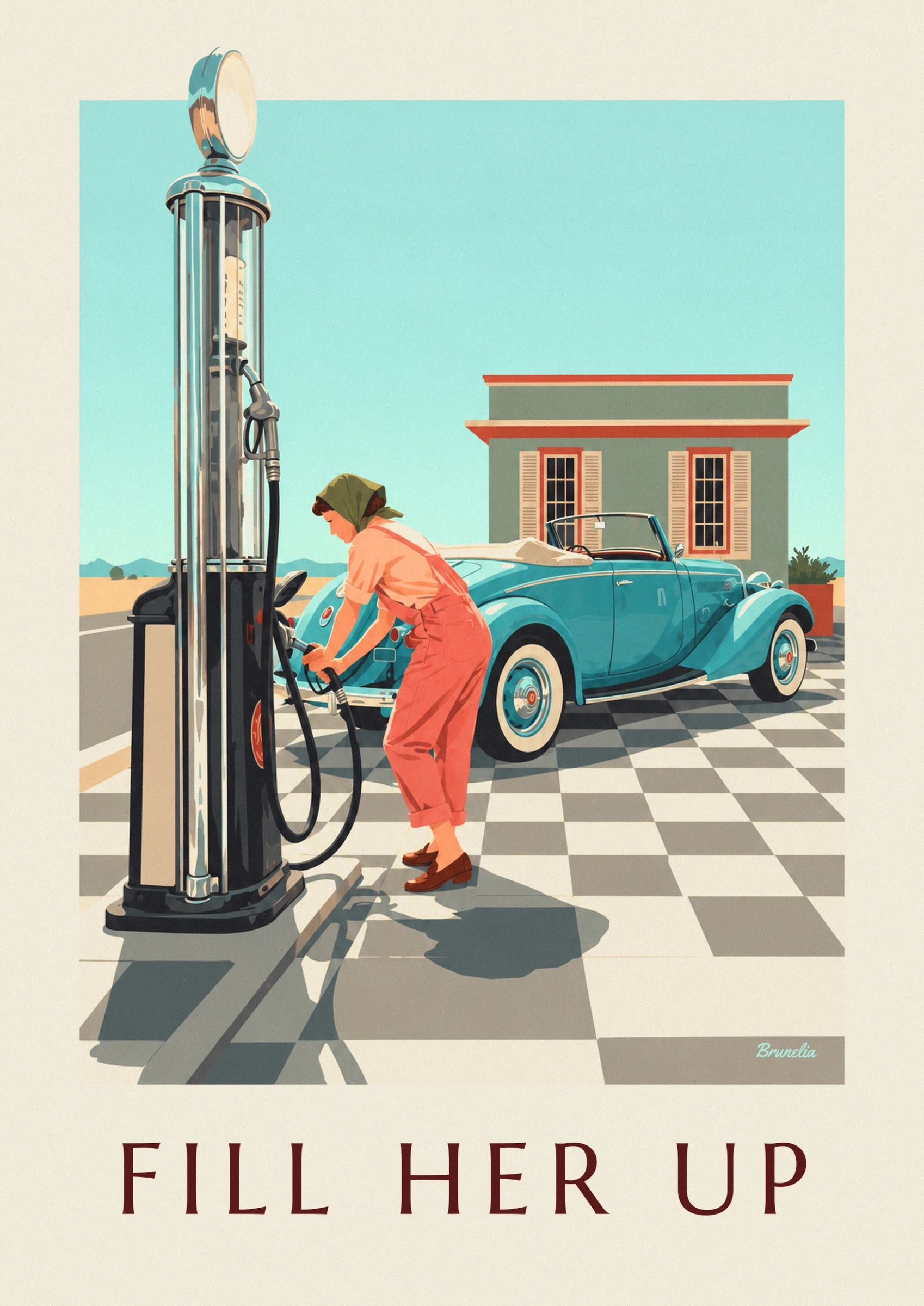La pin-up au foulard vert et à la salopette corail qui fait le plein de la cabriolet turquoise
