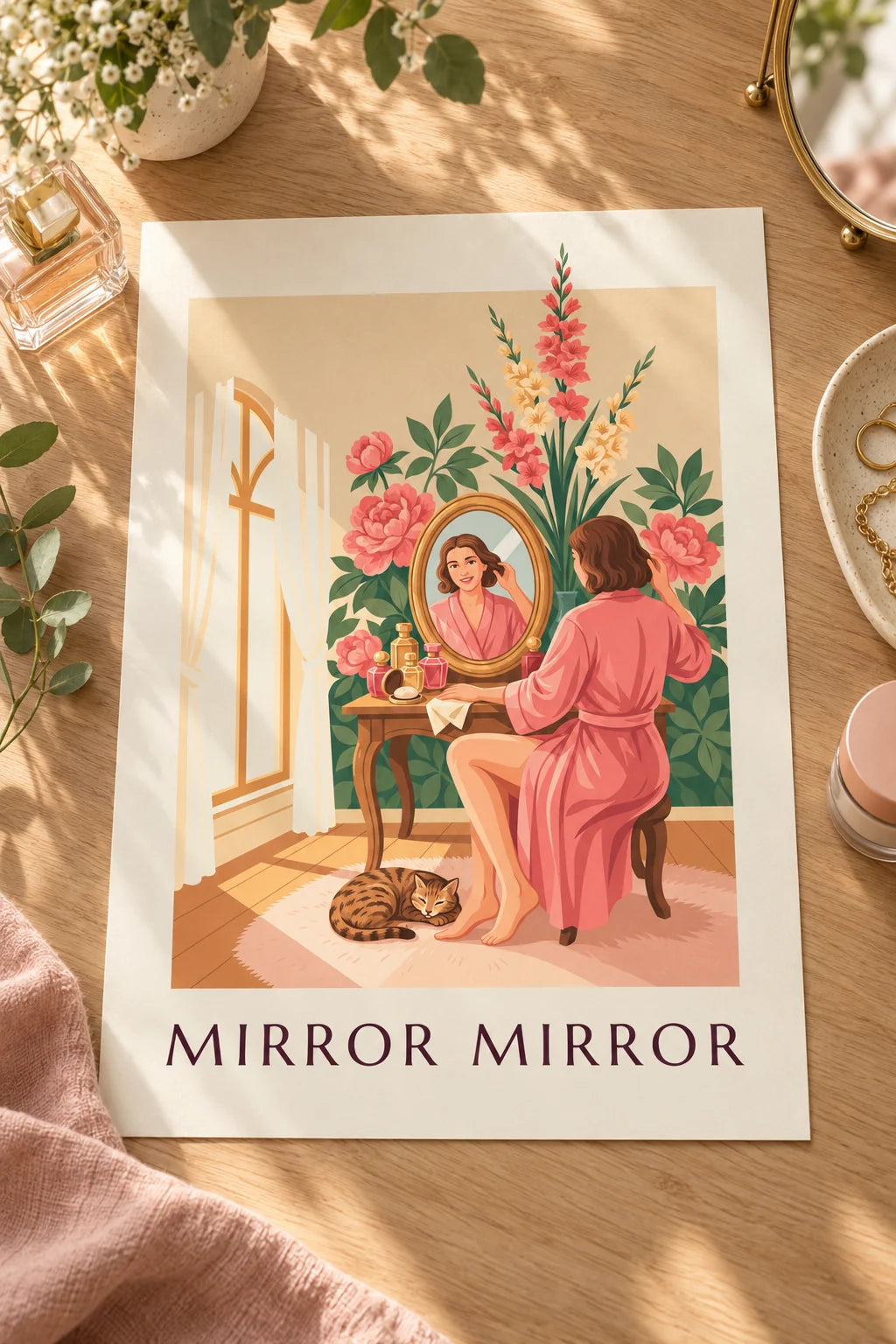 Affiche femme au miroir de coiffeuse sur fond fleuri : posée sur une table