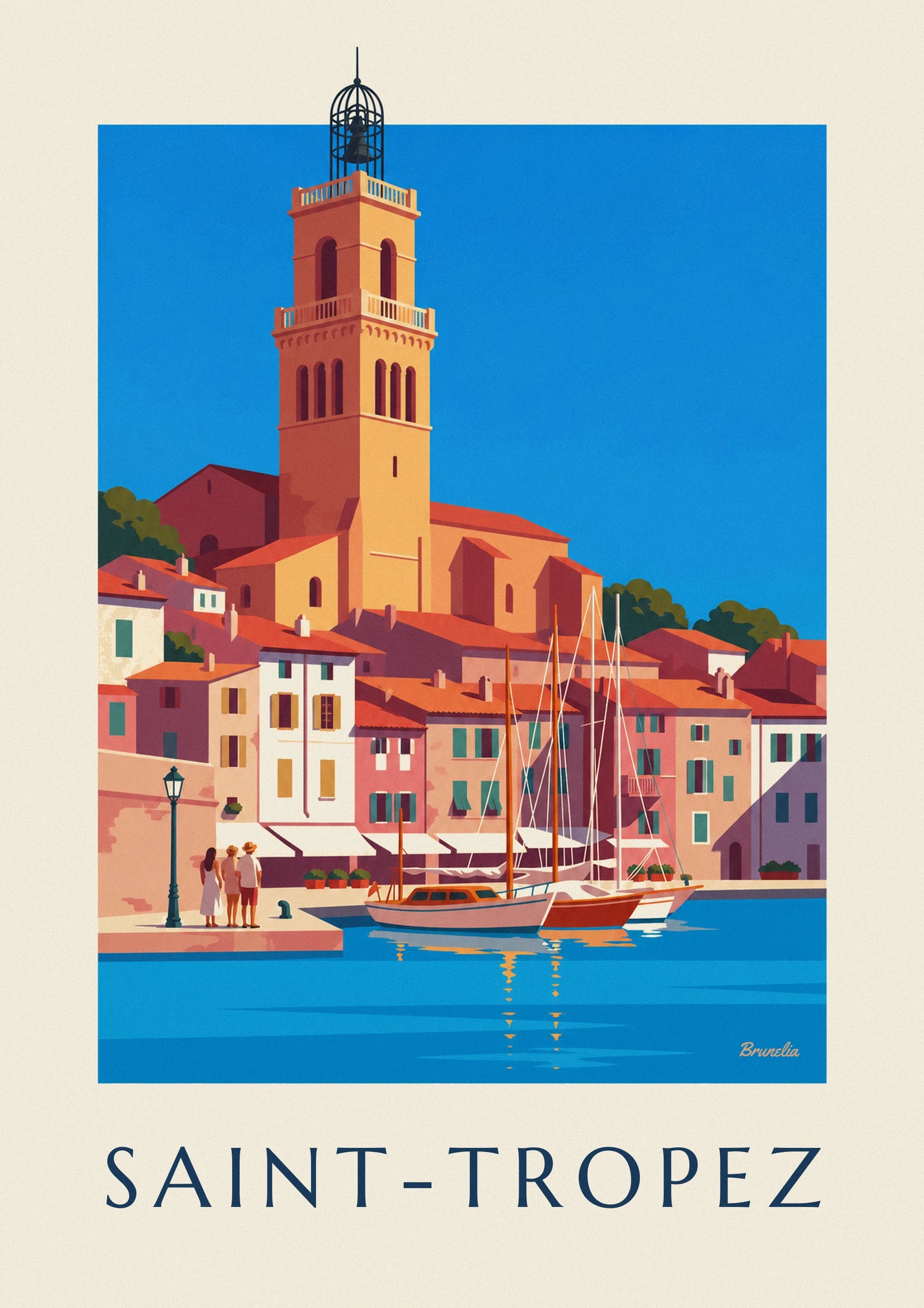 The sailing boats moored in front of the pink façades with green shutters in the old harbour