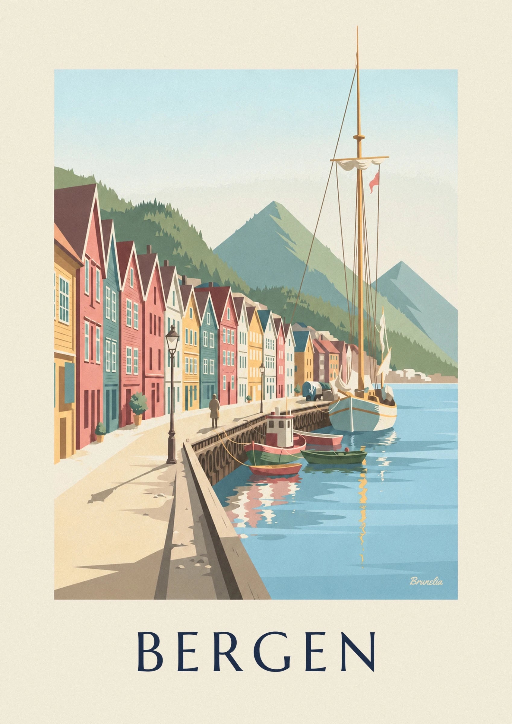 The colourful façades and pointed roofs of Bryggen with a street lamp on the quay