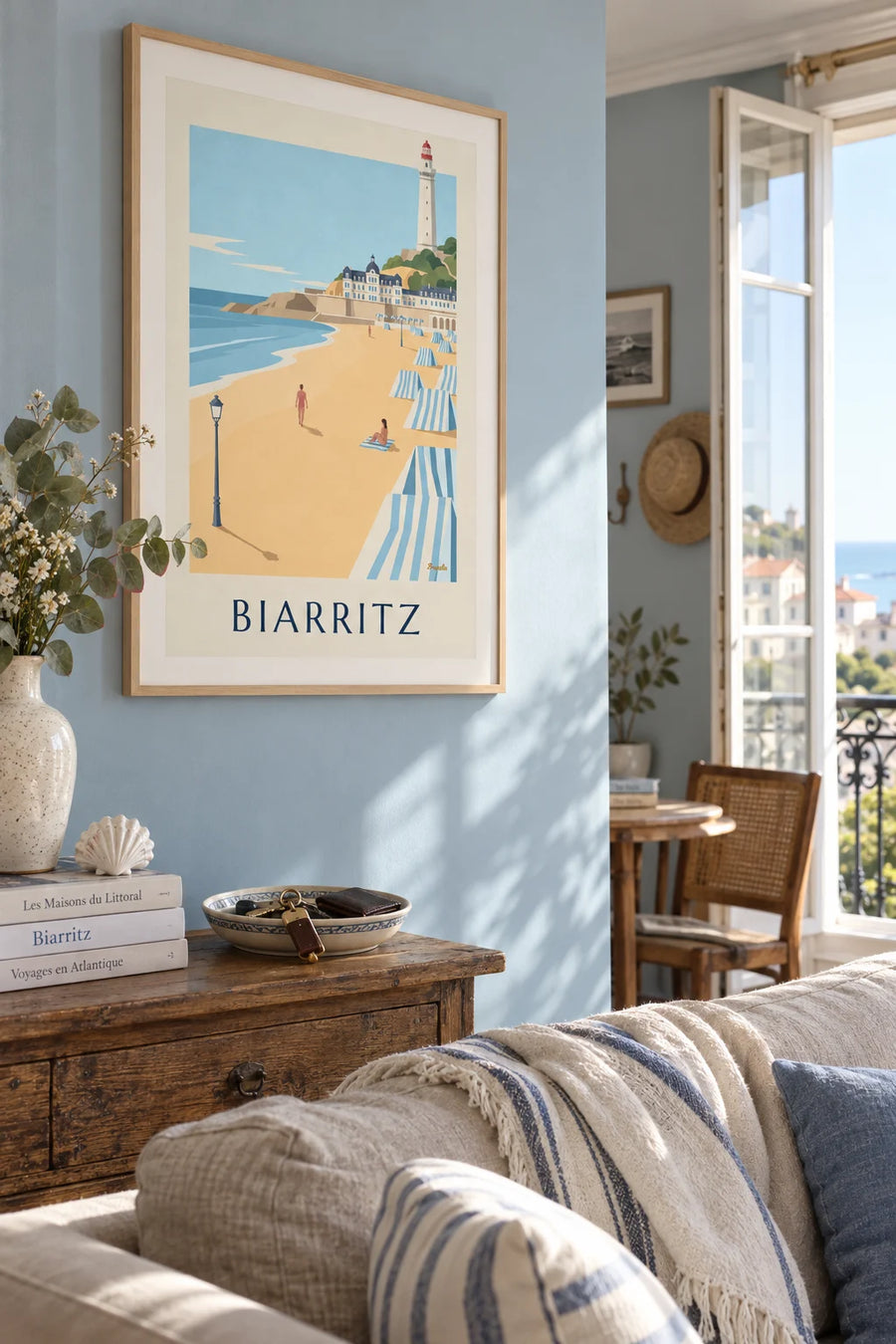 Affiche Grande Plage et Hôtel du Palais à Biarritz : encadrée au mur