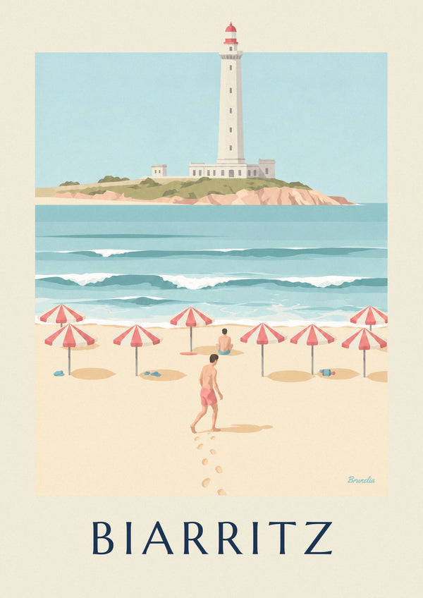 Affiche Biarritz, parasols rayés sur la plage et phare au large