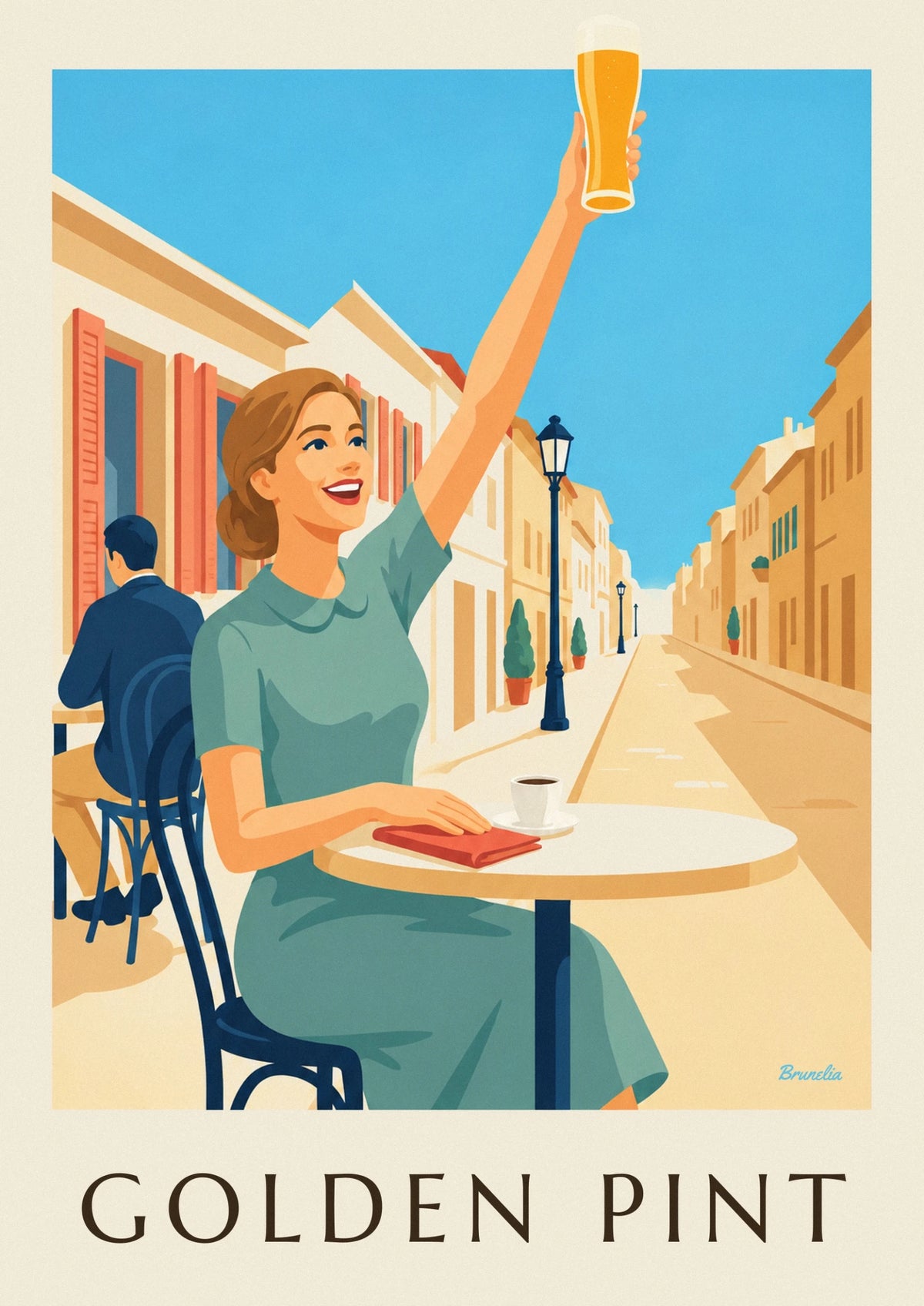 Affiche femme souriante levant un verre de bière en terrasse