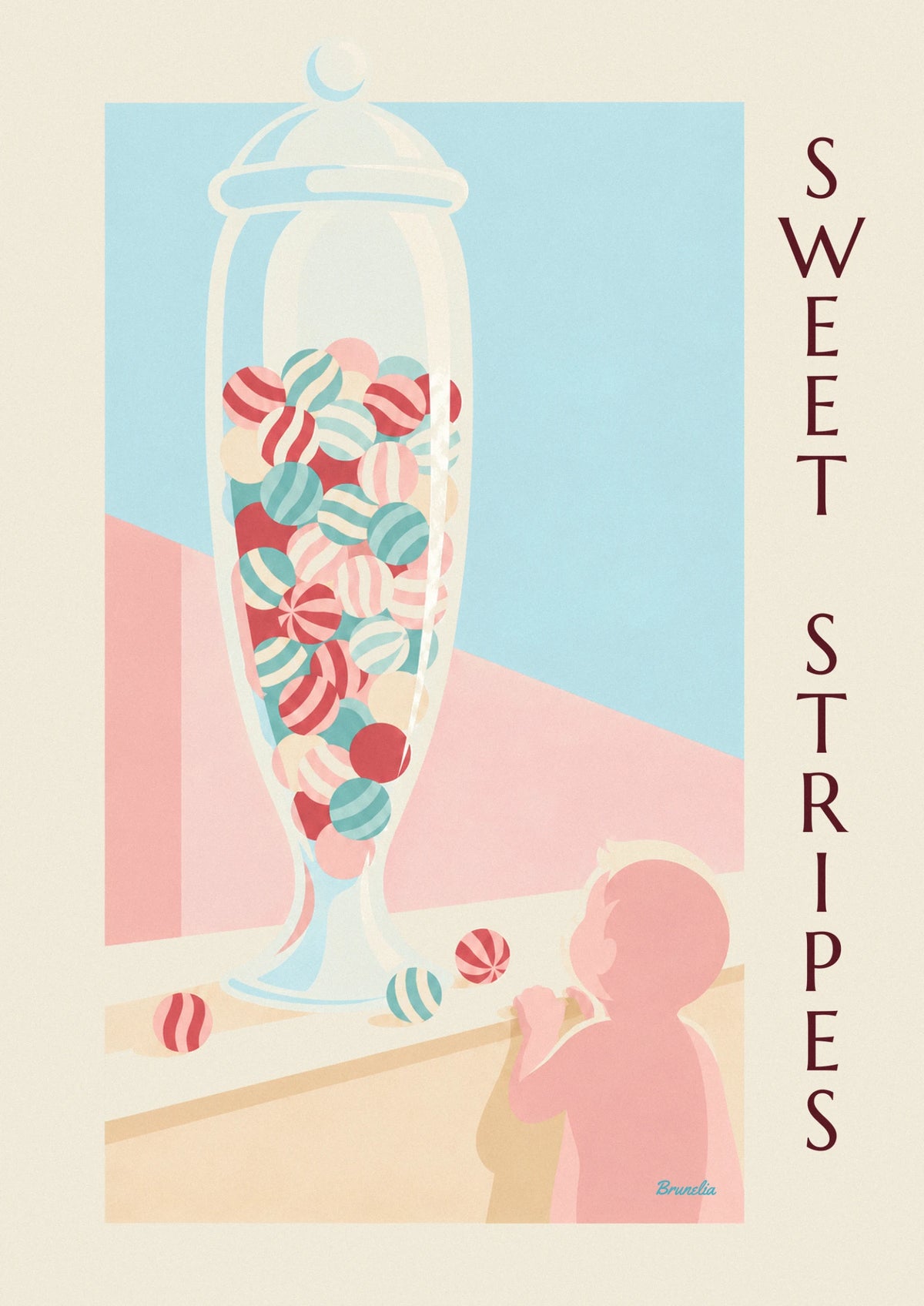 Affiche bocal en verre de bonbons rayés sur un comptoir
