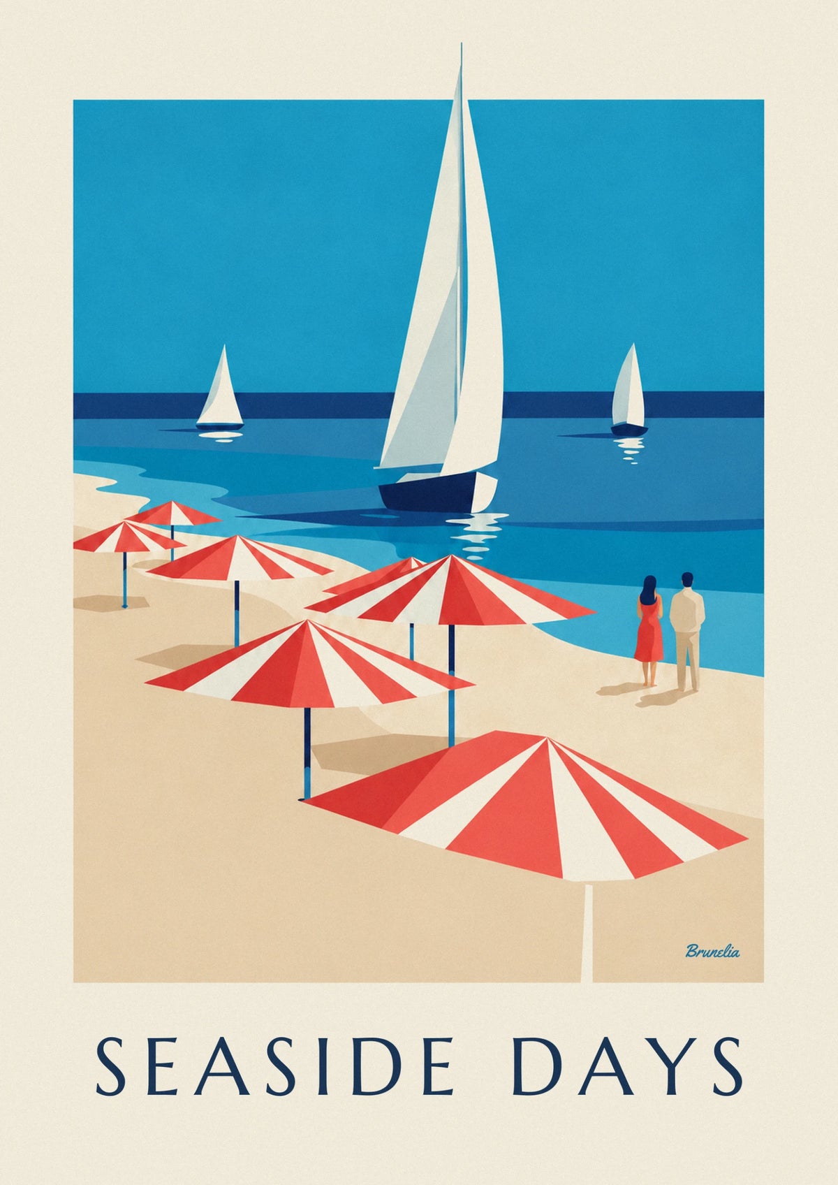 Affiche parasols rayés et voiliers en bord de mer