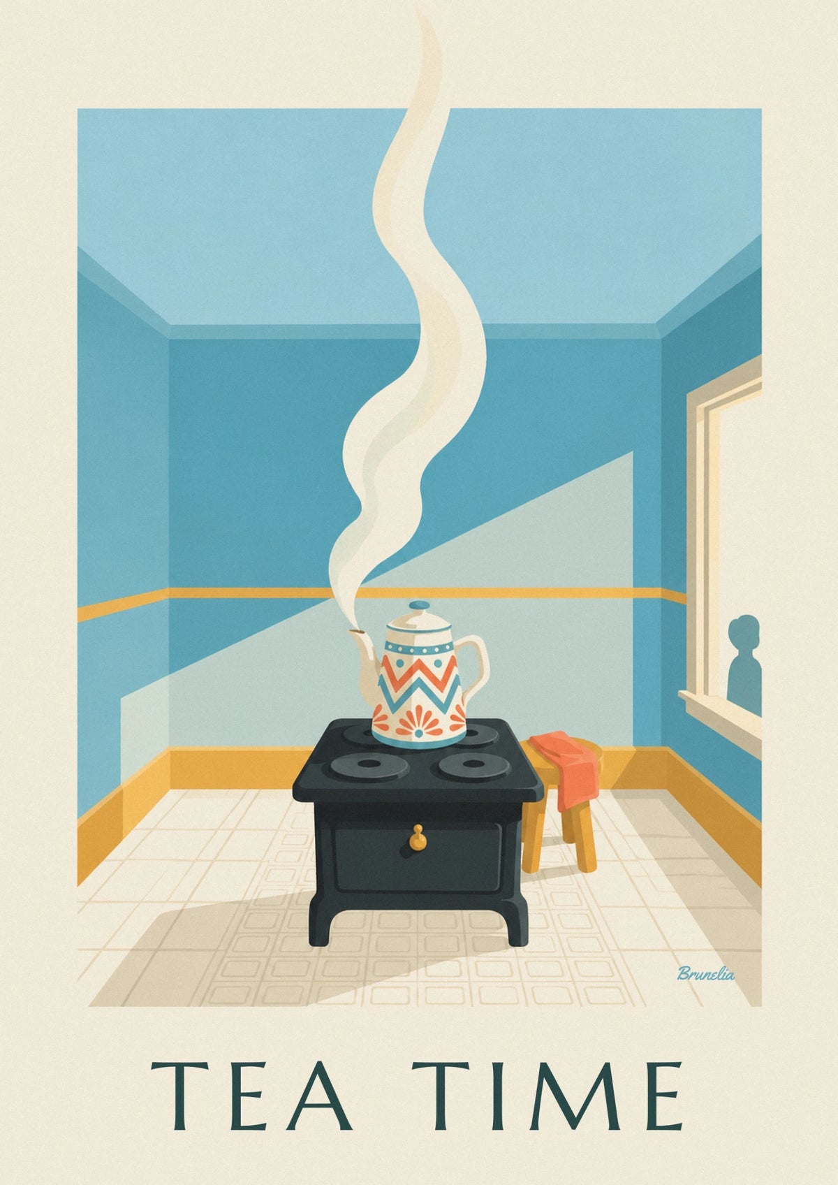 Affiche bouilloire à motifs géométriques dans une cuisine pastel