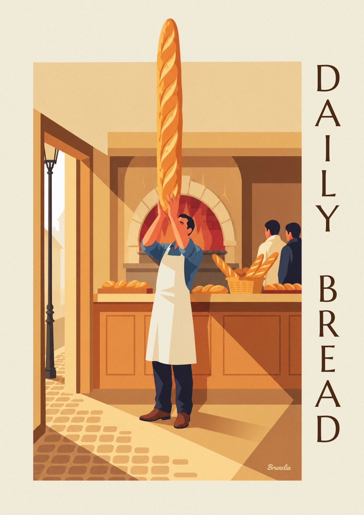 Affiche boulanger et ses pains dorés devant le four