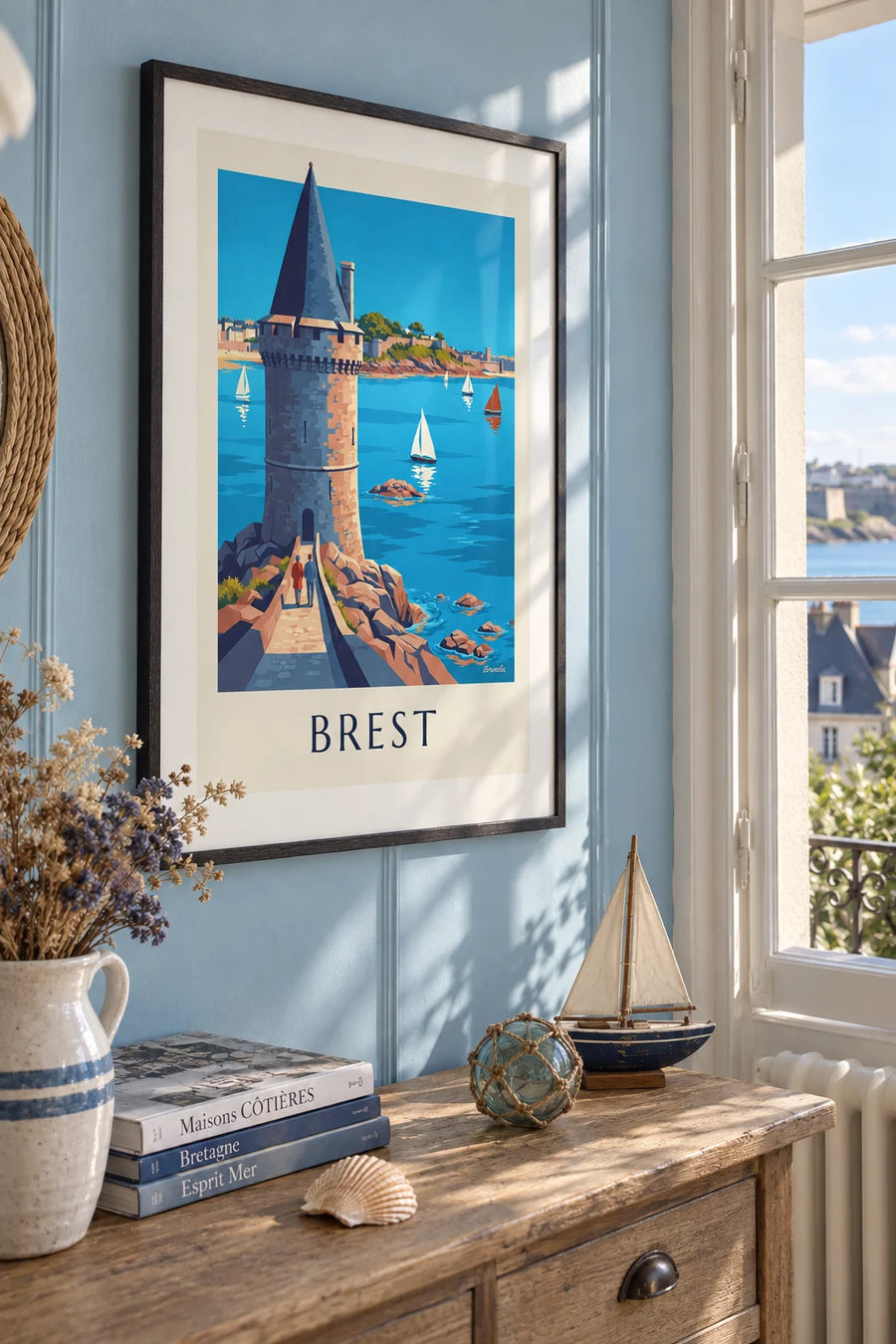 Affiche Tour Tanguy et voiliers sur la Penfeld à Brest : encadrée au mur