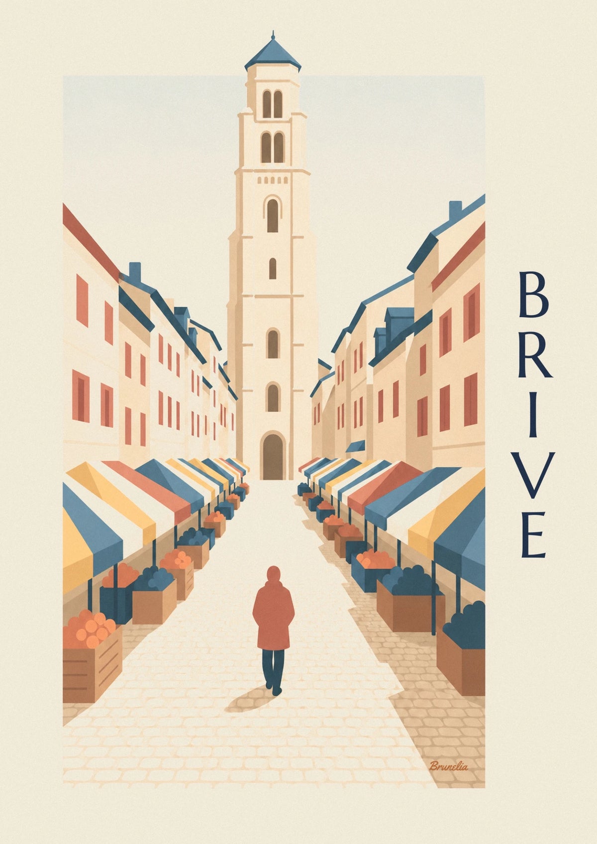 Affiche Brive-la-Gaillarde, rue de marché pavée menant au clocher