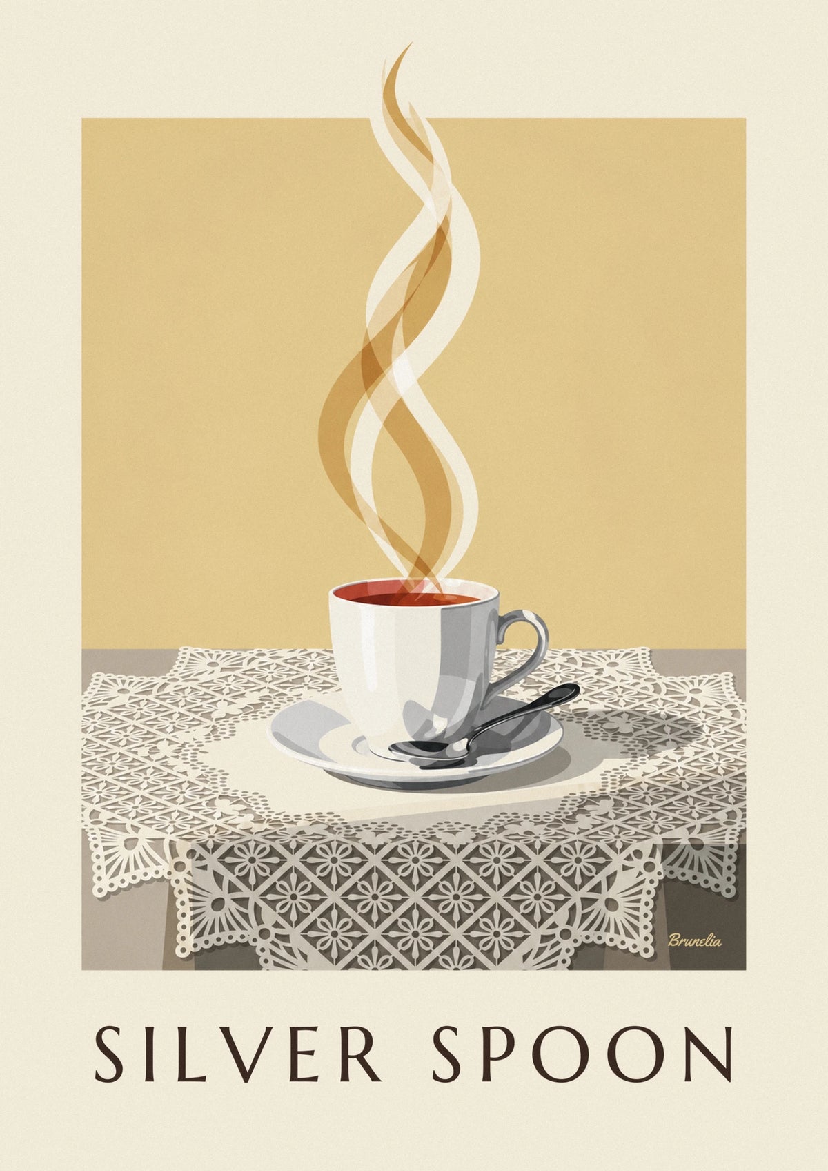 Affiche tasse de café fumante et cuillère en argent sur dentelle