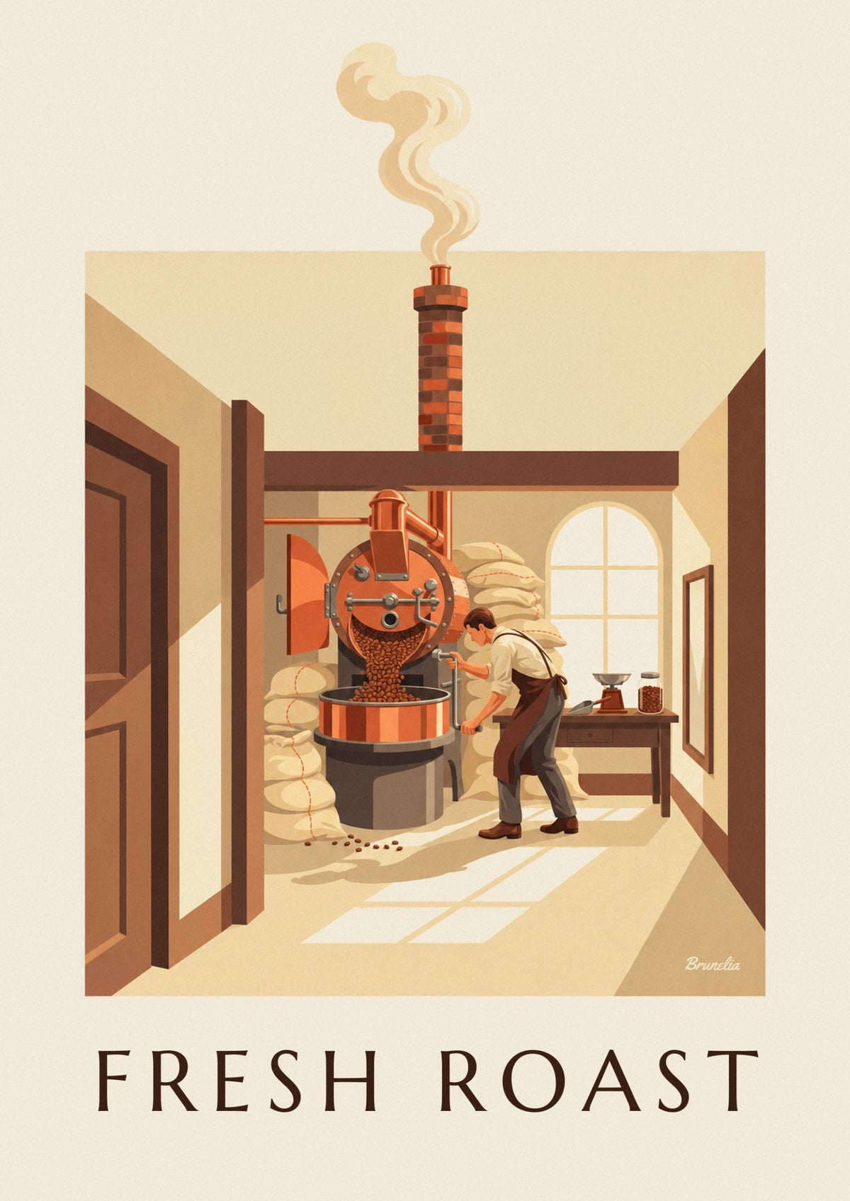 Affiche torréfacteur et grains de café fraîchement torréfiés