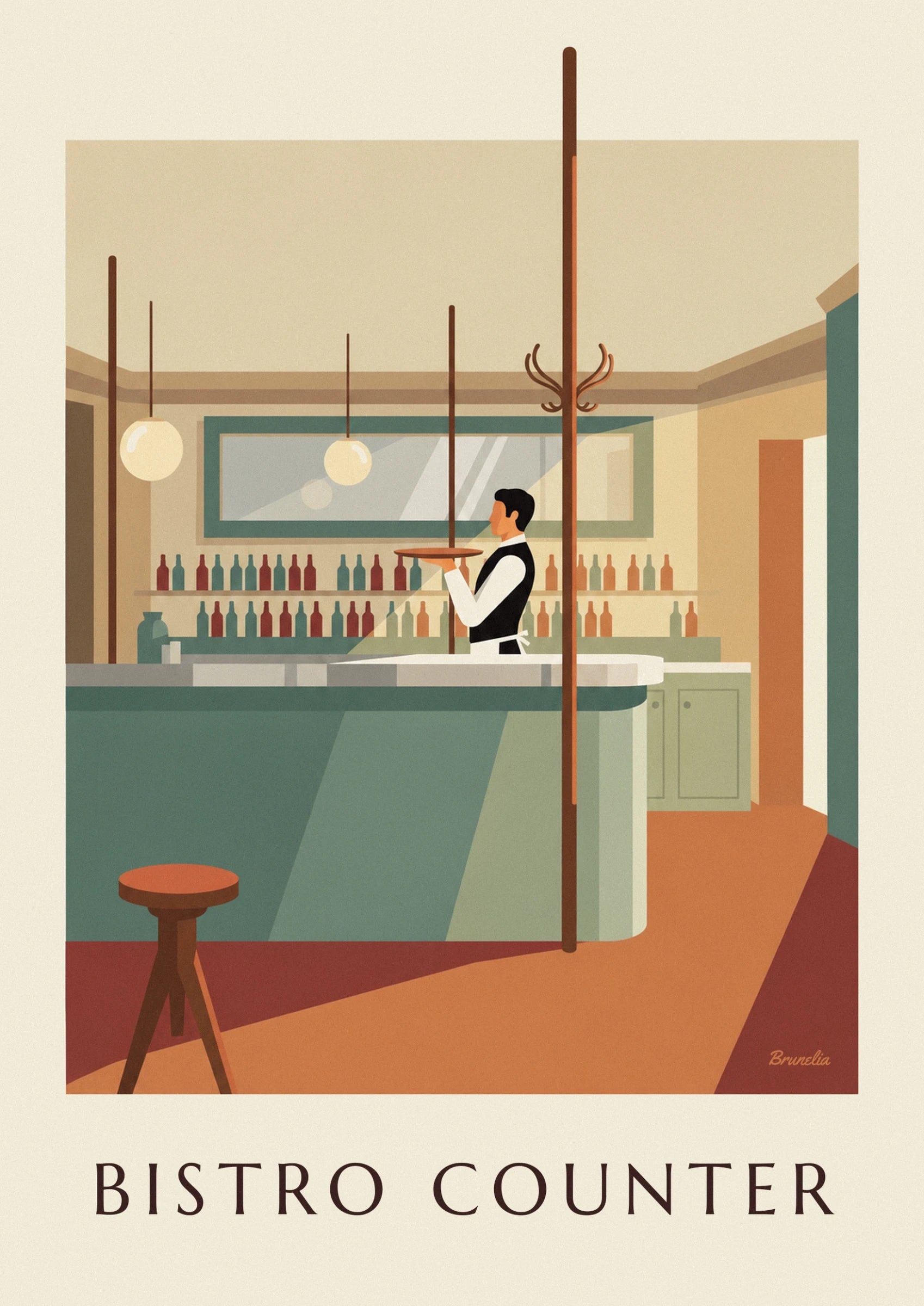 The waiter in a black waistcoat, holding his brown tray behind the window