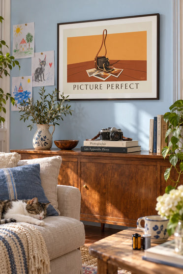 Affiche appareil photo à soufflet et photographies sur table : encadrée au mur