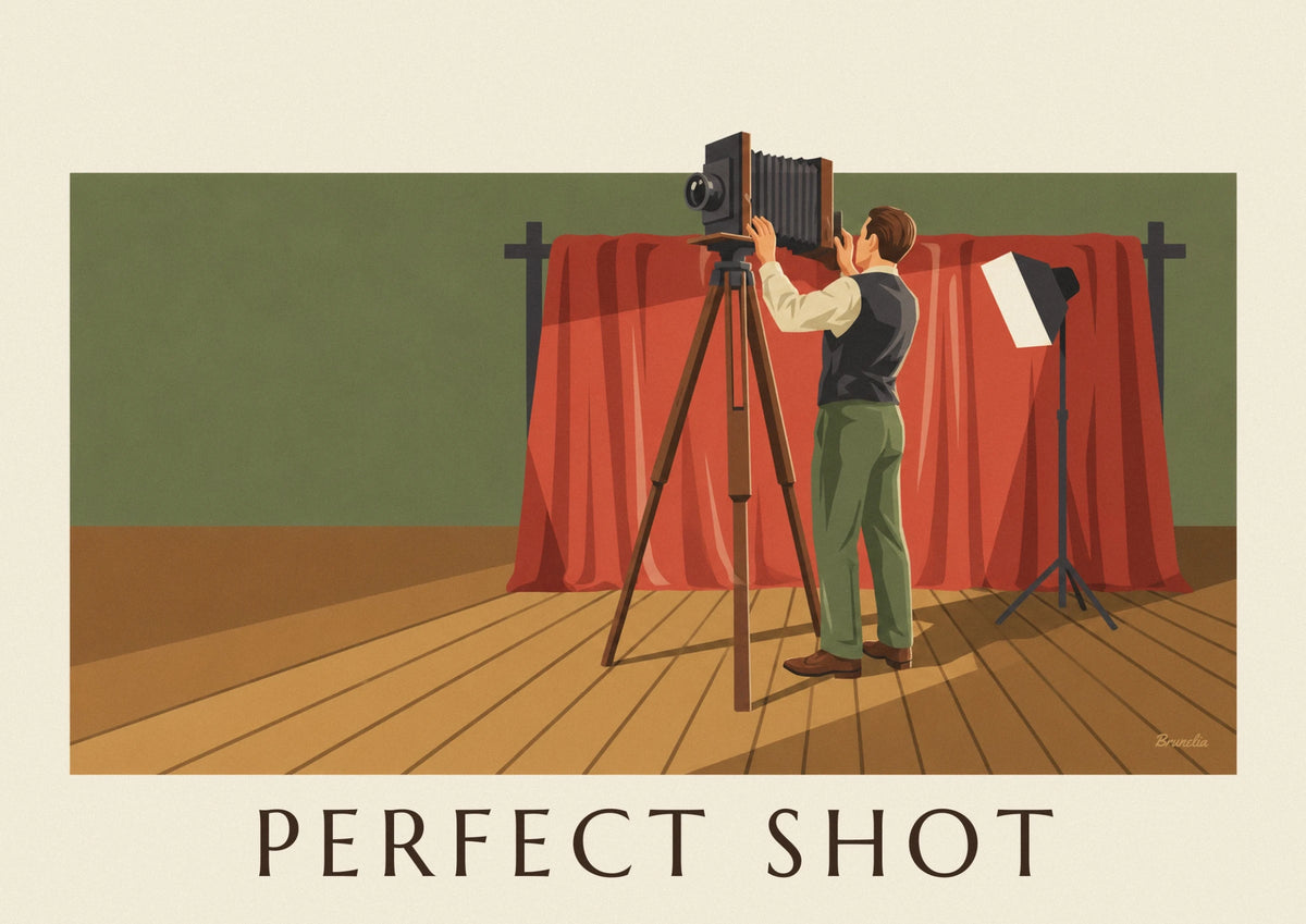Affiche photographe et appareil à soufflet en studio