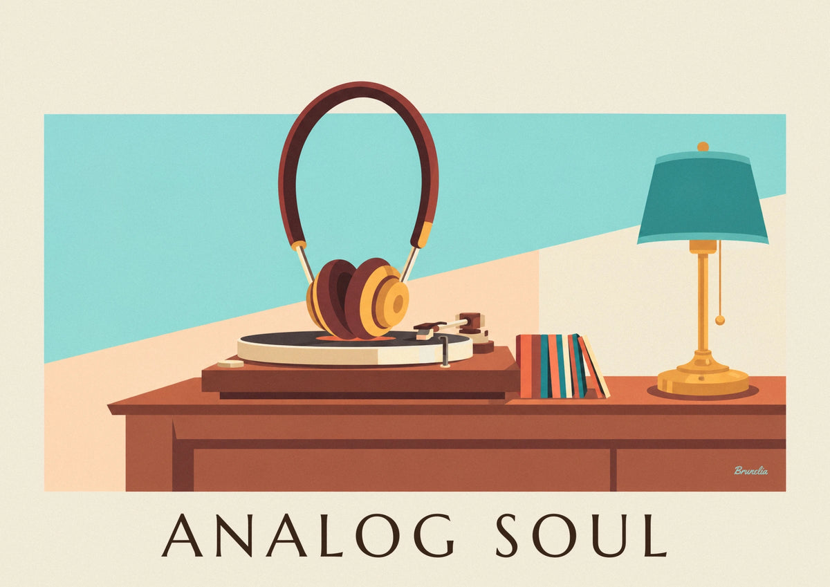 Affiche casque audio sur platine vinyle et disques