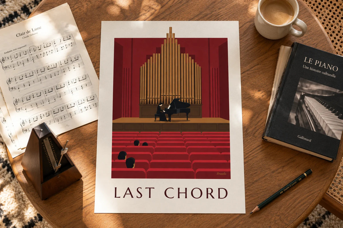 Affiche pianiste et piano à queue dans une salle de concert : posée sur une table