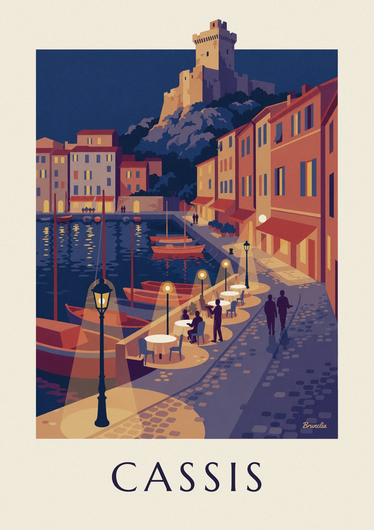 Affiche terrasse de café le soir sur le quai de Cassis et son château