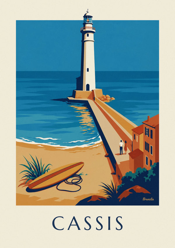 Affiche phare de la jetée de Cassis et planche de surf