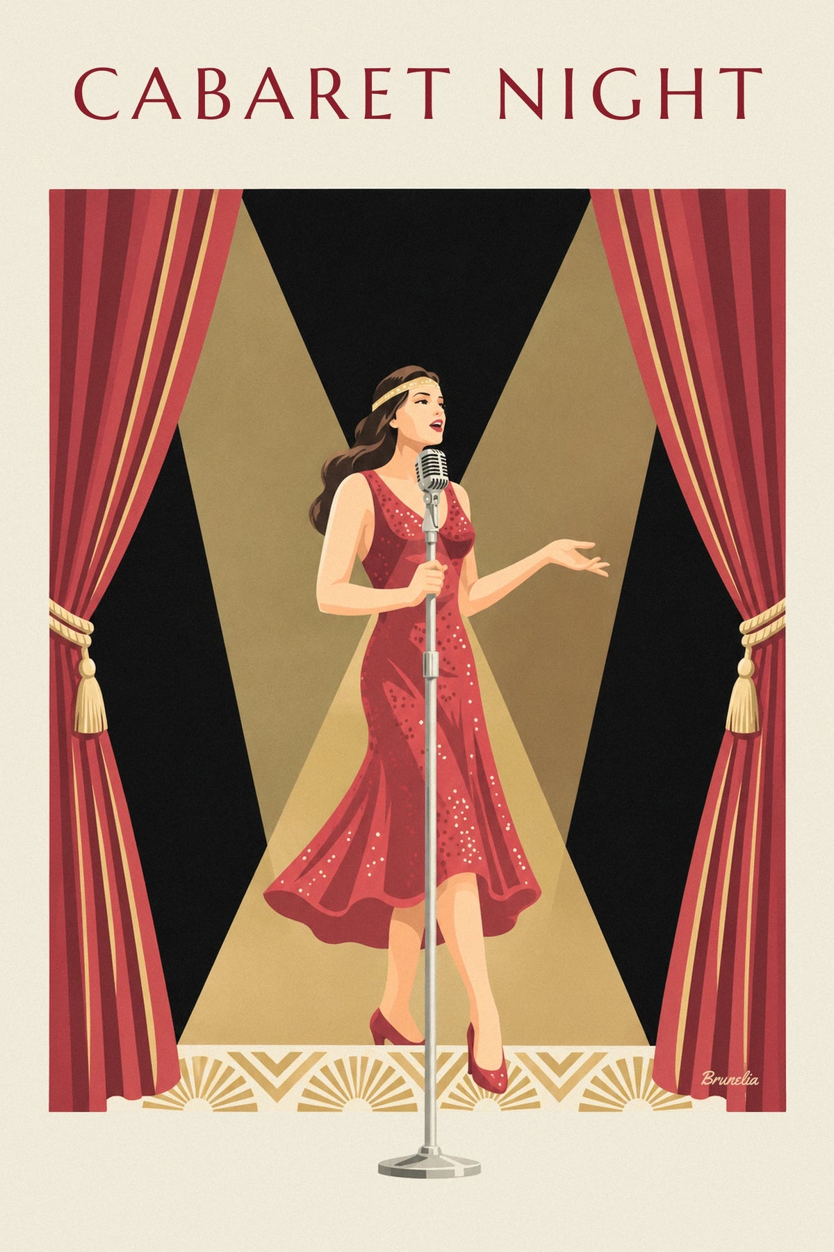 Affiche chanteuse en robe rouge pailletée sur la scène d'un cabaret