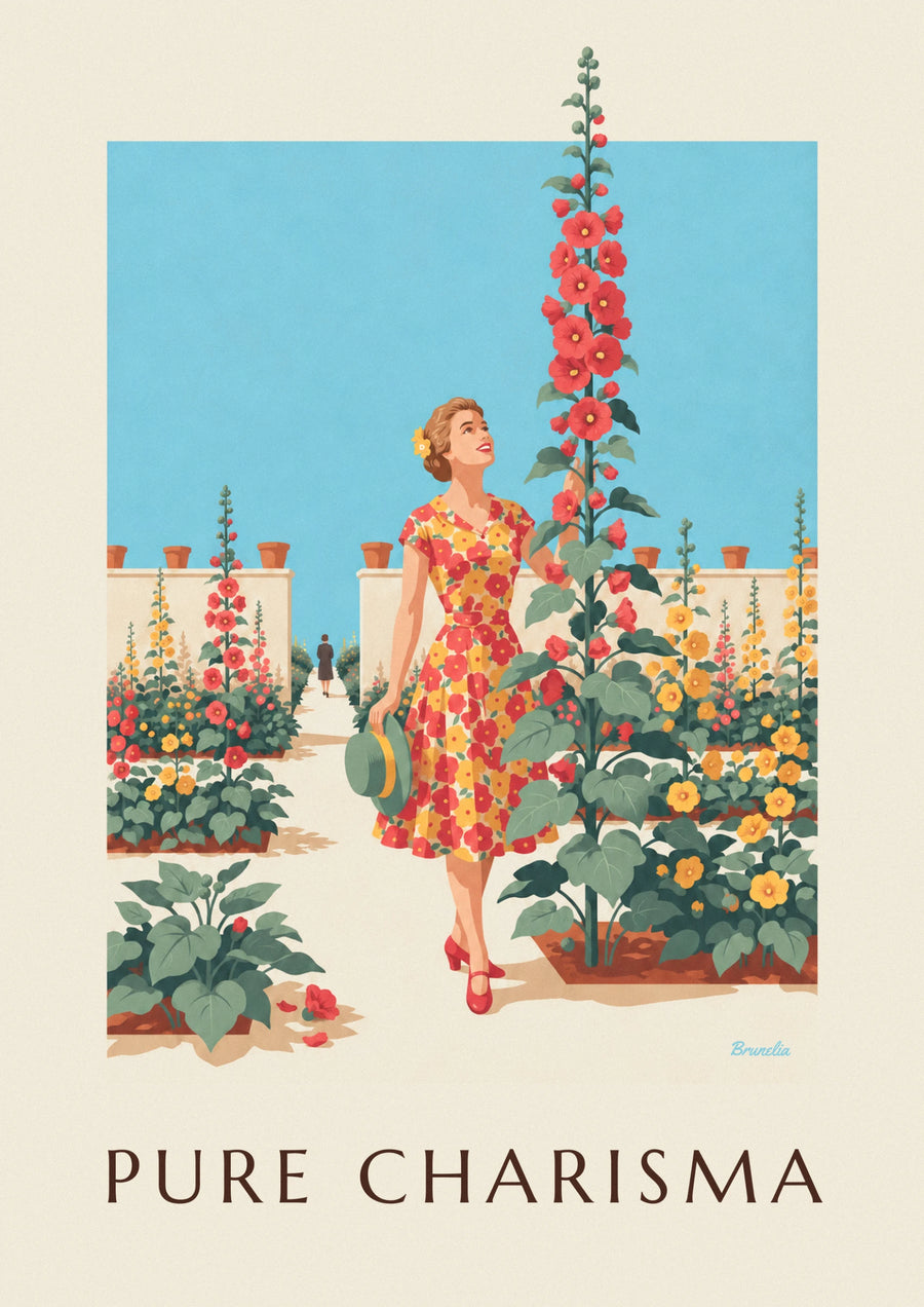Affiche femme en robe à fleurs dans un jardin ensoleillé