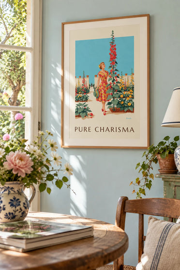 Affiche femme en robe à fleurs dans un jardin ensoleillé : encadrée au mur